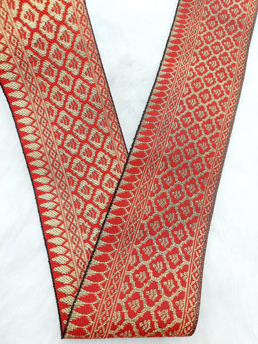 Jacquard Saree Border, Red And Gold Woven Thread Work Trim, Jacquard Trimming Decorative Trim